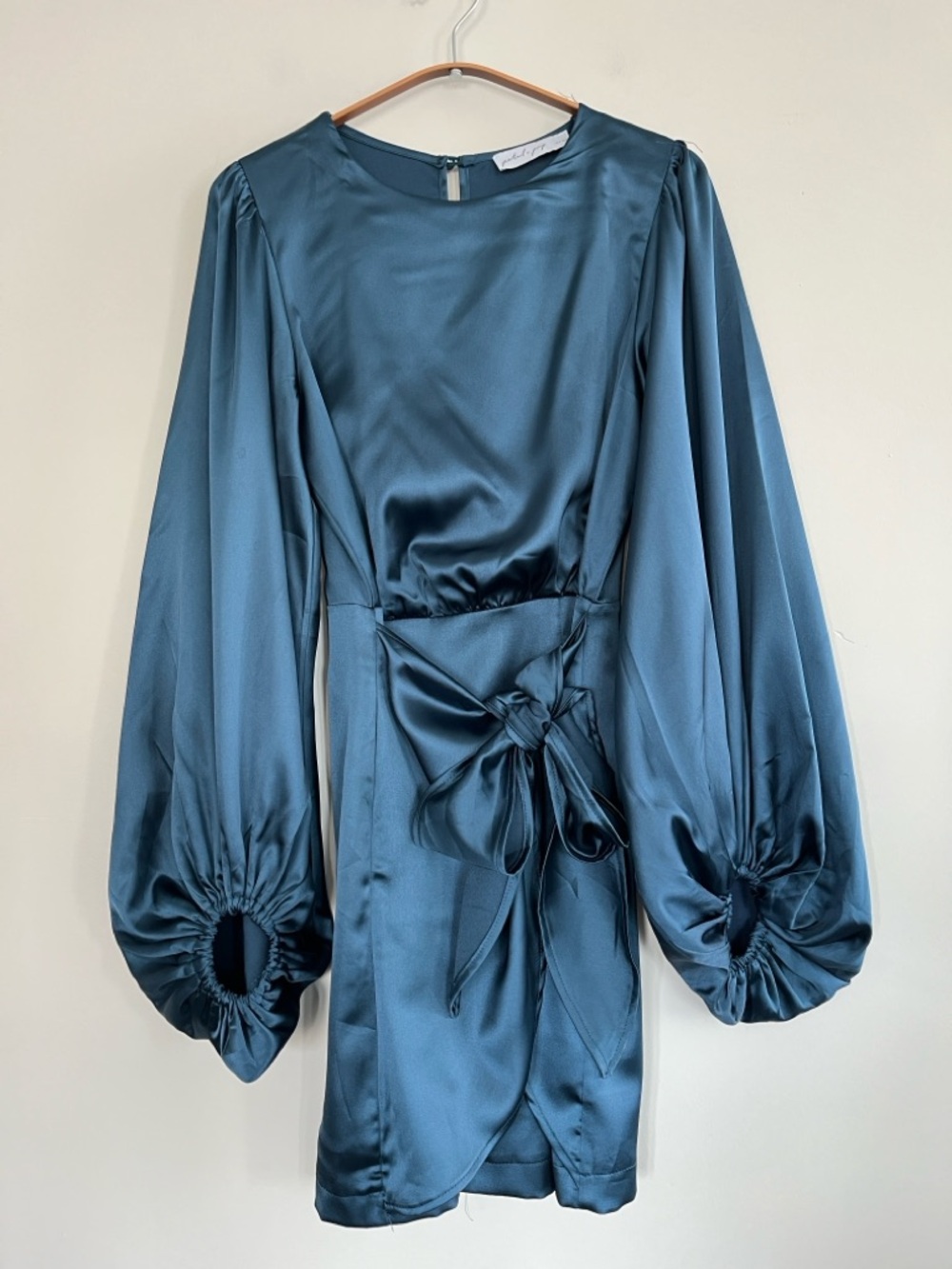 Petal & Pup Teal Satin Long-Sleeve Tie-Waist Mini Dress Size 4